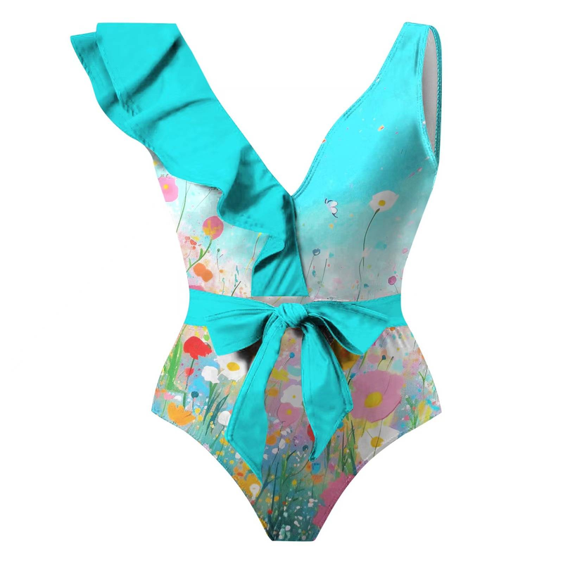 European and American conservative one-piece swimsuit chiffon skirt two-piece set for women's ruffled edge positioning printed casual swimsuit_voghion.com