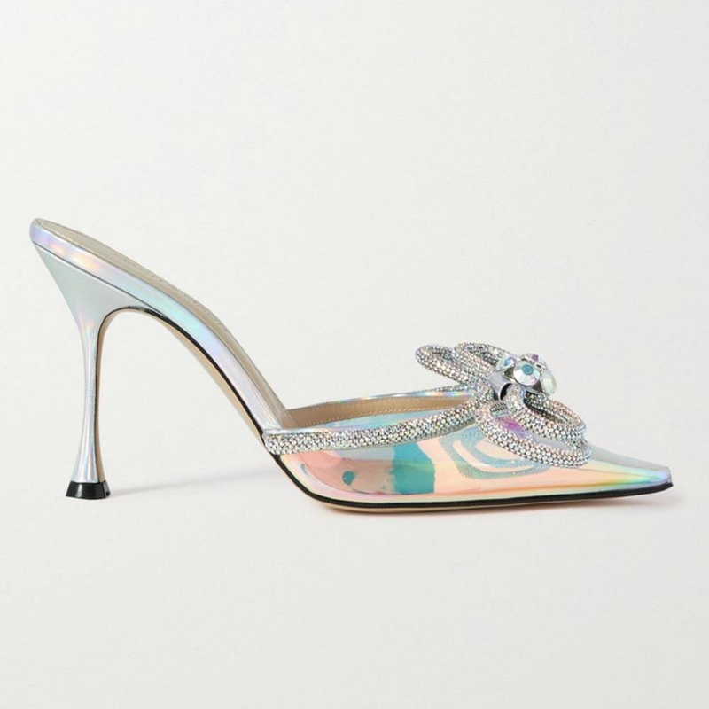 Women’s Shoes One step laser bow rhinestone high heeled slippers with stiletto heels, pointed toe half slippers_voghion.com