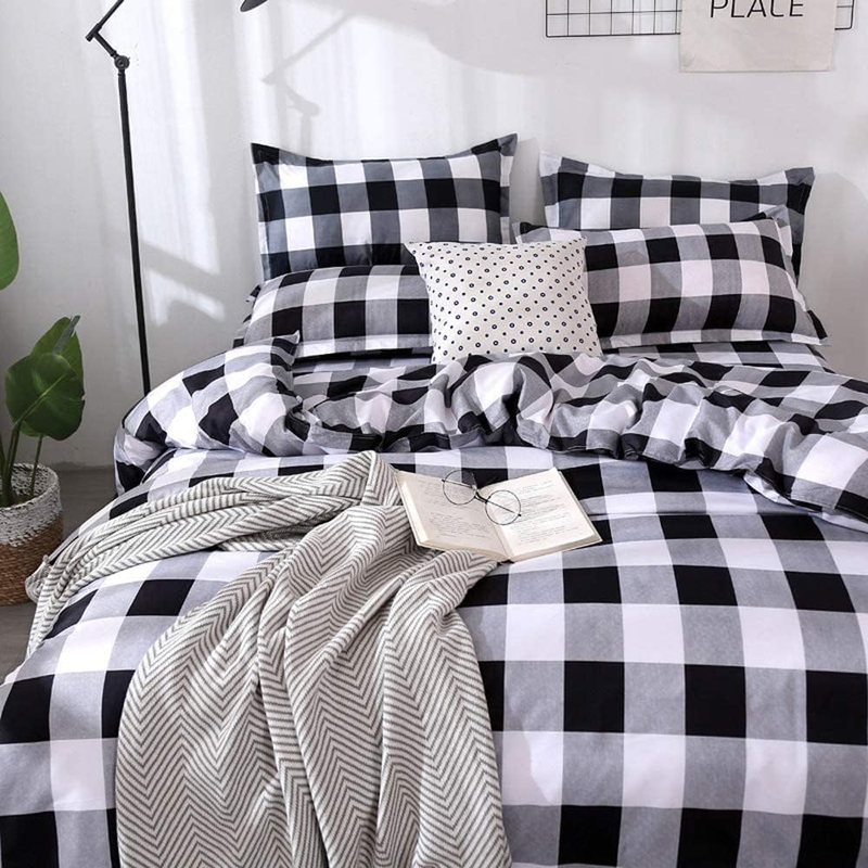 Kariertes Bettwäscheset, schwarz-grau-weiß, karierter Bettdeckenbezug, Einzelbett, weiche, leichte Gitter-Tagesdecken, 1 Gitter-Bettbezug, 2 Kissen_voghion.com