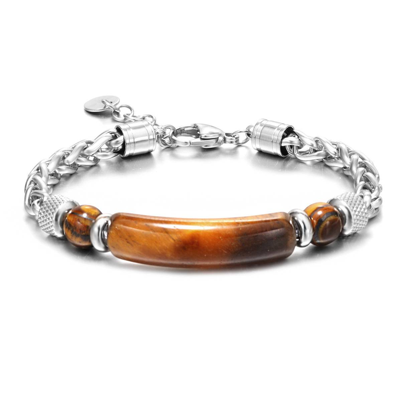 Herrenschmuck, stilvolles Titanstahl-Kettenarmband mit natürlichem Tigerauge-Stein, geometrisches Design für Freizeit- und Hip-Hop-Mode_voghion.com