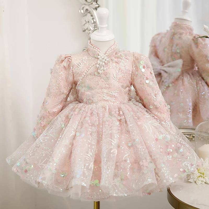 Elegante abito da principessa per bambine - Abito da ballo a maniche lunghe con gonna a sbuffo per recital, spettacoli e occasioni speciali (rosa, 80-150 cm)_voghion.com