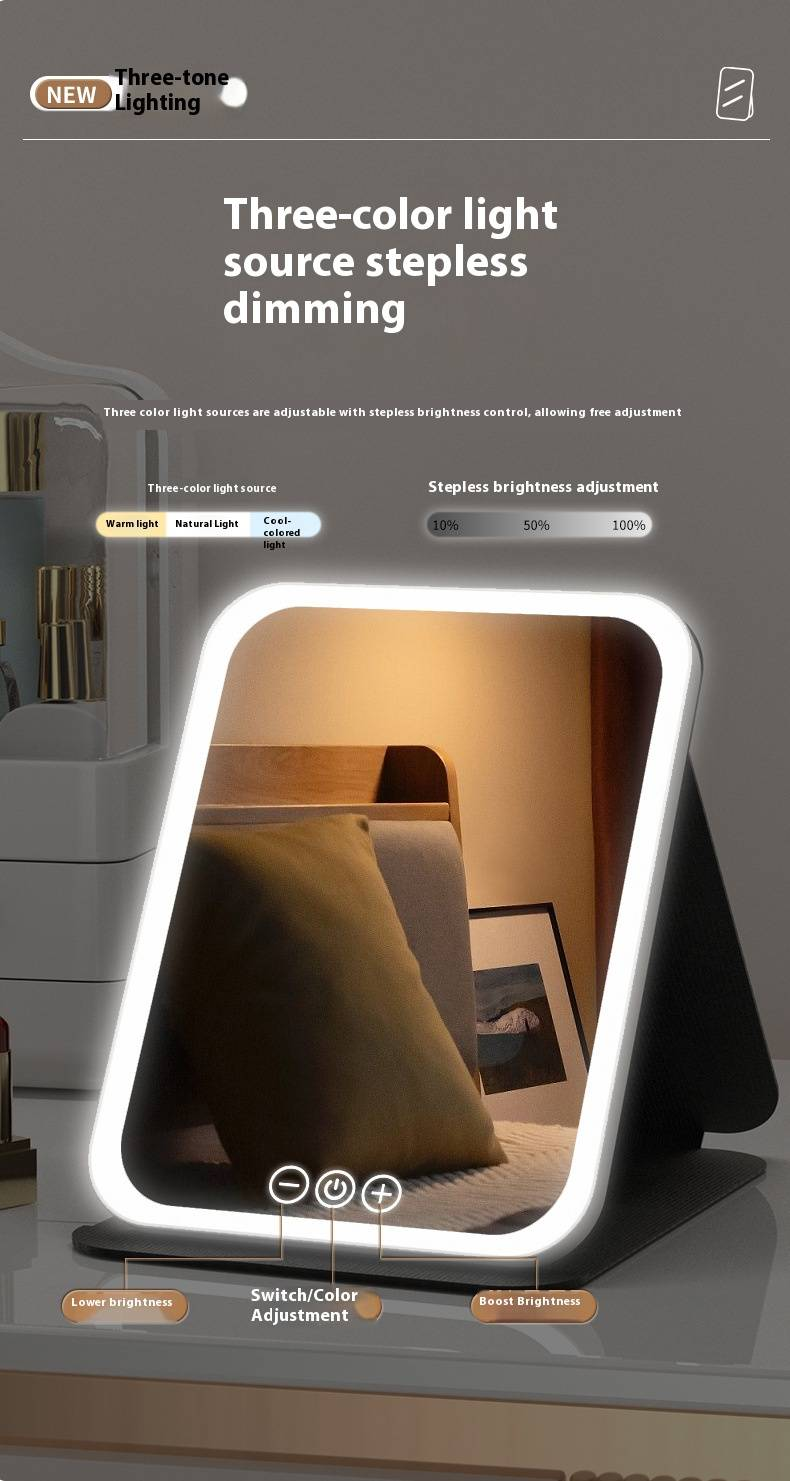 LED-Kosmetikspiegel mit 3-farbiger Beleuchtung und Touch-Steuerung – faltbarer Schminkspiegel für Zuhause, Büro und unterwegs (Schwarz/Weiß/Pink, über USB wiederaufladbar)_voghion.com