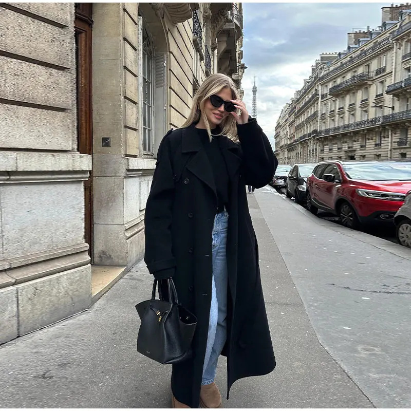 Women's Long Trench Coat - Spring Elegant Double-Breasted Lapel Jacket, Loose Fit Polyester Overcoat For Casual & Office, Beige/Black/Navy_voghion.com