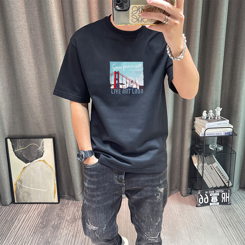 Girocollo corto ampio in puro cotone, T-shirt casual alla moda, etichetta moda uomo stampata a maniche corte_voghion.com