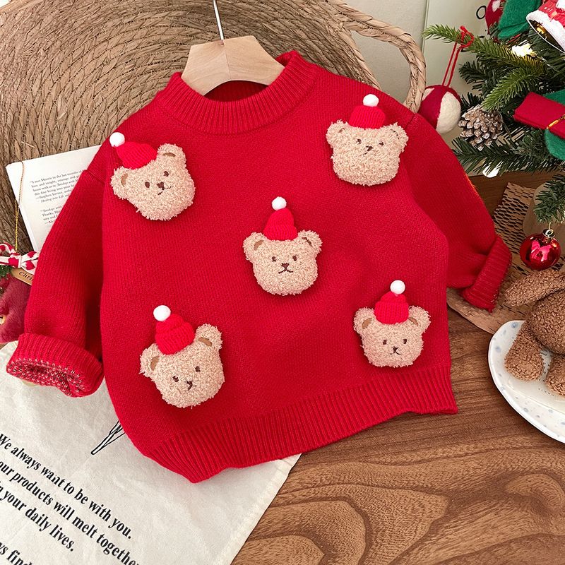 Weihnachtspullover für Kinder mit Patchwork-Stickerei, dicker Puppenpullover, Winter 2024, neuer Rundhalsausschnitt, warmes Strickoberteil für Mädchen, trendig_voghion.com