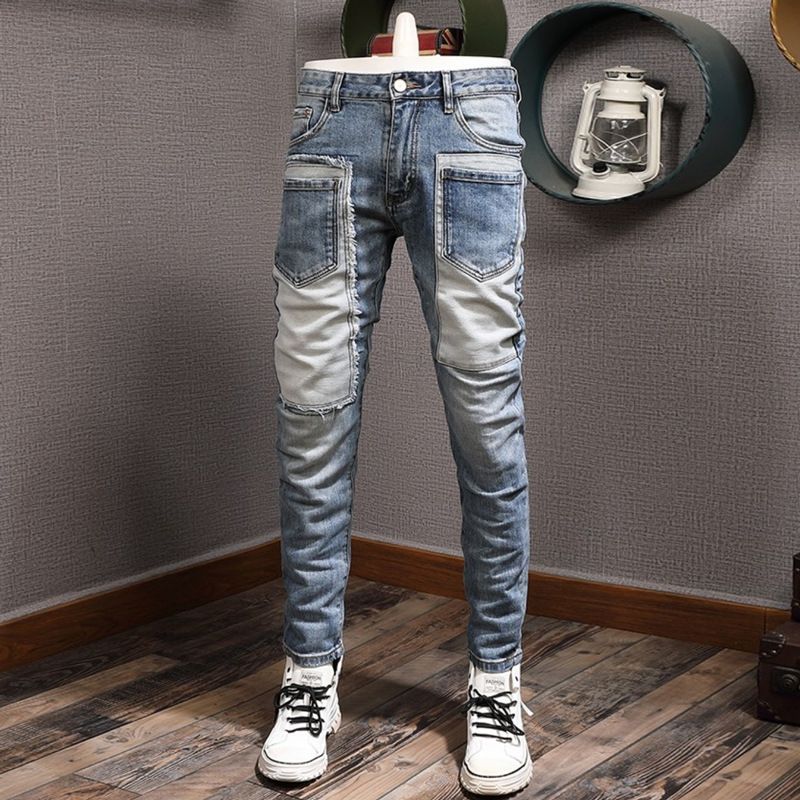 Pantalones largos ajustados y elásticos para hombre, con costuras y agujeros_voghion.com