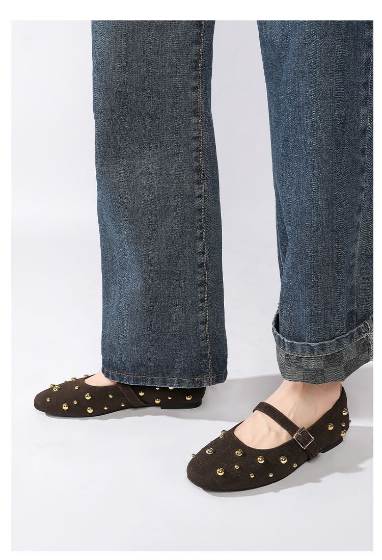 Rivet Decorated Round Toe Ballet Flats Fashionable And Versatile Single Shoes One Strap Ballet Mary Jane Shoes_voghion.com