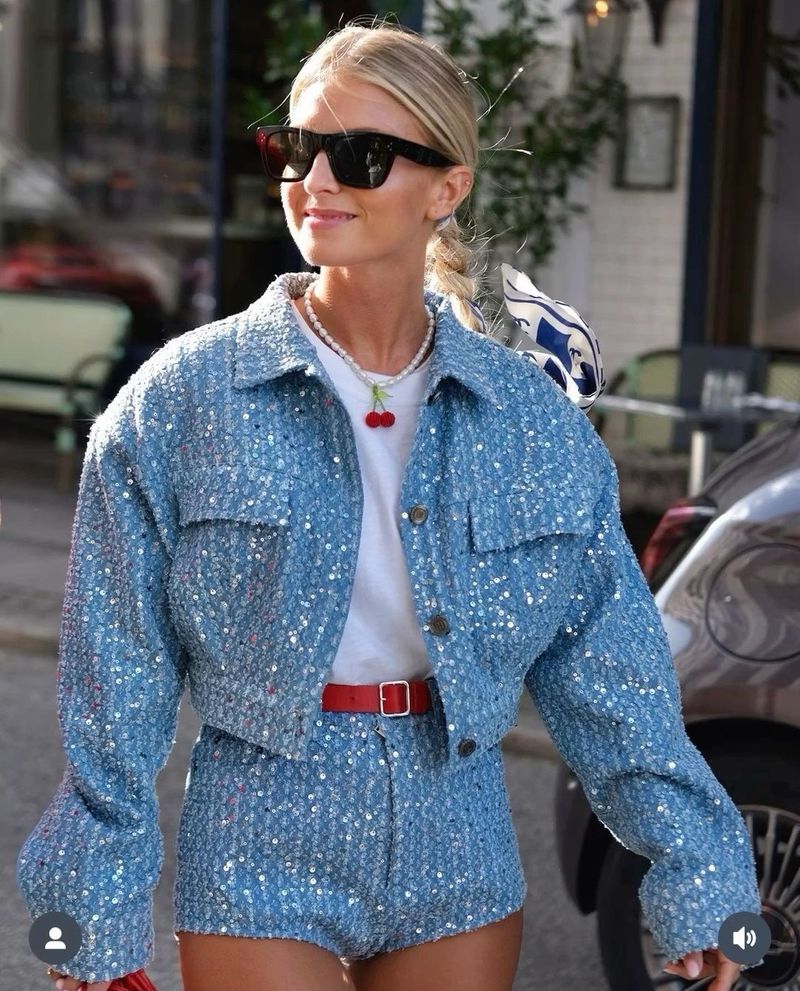 Traje de abrigo corto con chaqueta vaquera y lentejuelas de celebridades de Internet para mujer_voghion.com
