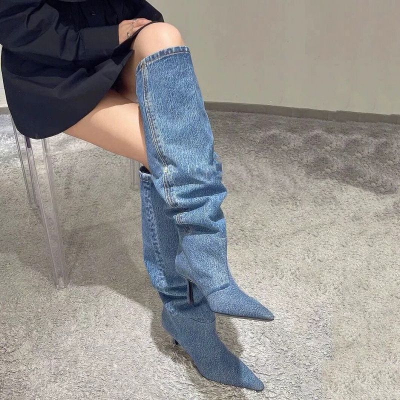 Stivali alti sopra il ginocchio con tacco a spillo in denim da donna, stile AW, stile autunno inverno_voghion.com