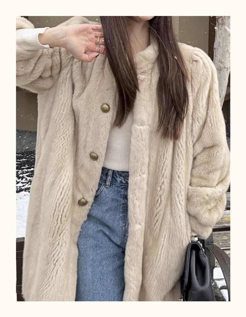 Cappotto in pelliccia sintetica di visone ecologica da donna - Giacca in peluche di media lunghezza in caffè e panna (S-L) | Ispirata al vintage e adatta all'inverno_voghion.com