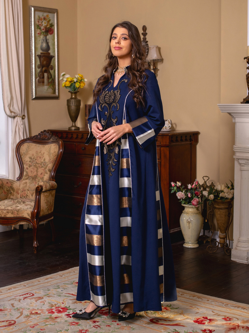 Kvinders broderede stribede abaya muslimske muslimske abaya_voghion.com