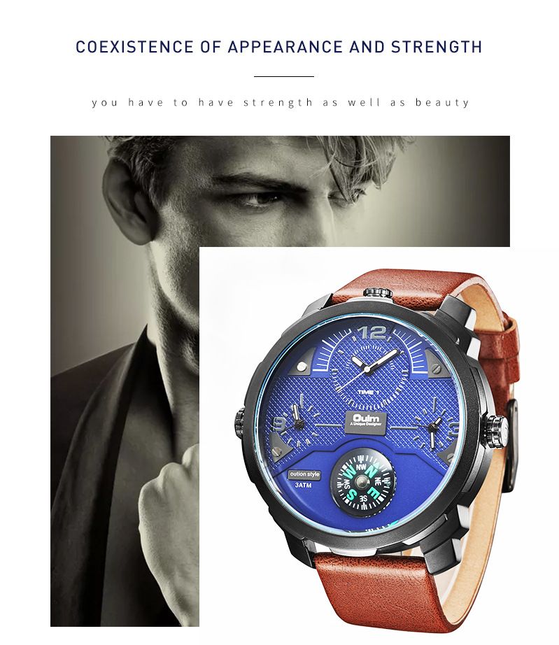 Men's Stylish Sports Quartz Watch With Compass & GMT Function, Large 54mm Dial, Genuine Leather Strap, Mineral Crystal Multi Time Zone Watch_voghion.com