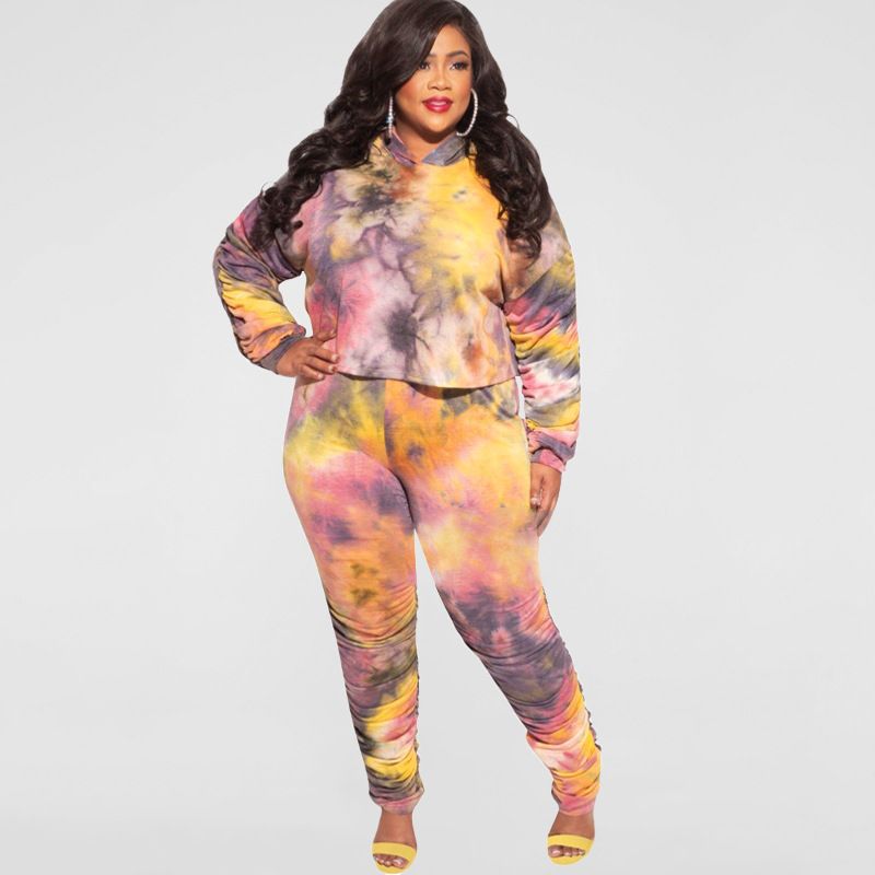 Costume deux pièces décontracté pour femmes, imprimé tie-dye, mode, grande taille, grande taille_voghion.com