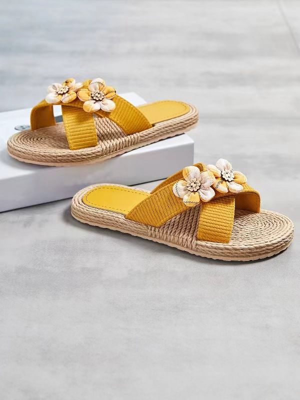 Scarpe da donna, nuove pantofole estive da donna, con una sola linea, con fondo in corda, tinta unita, tendenza moda, per interni ed esterni, con sei piccoli fiori._voghion.com