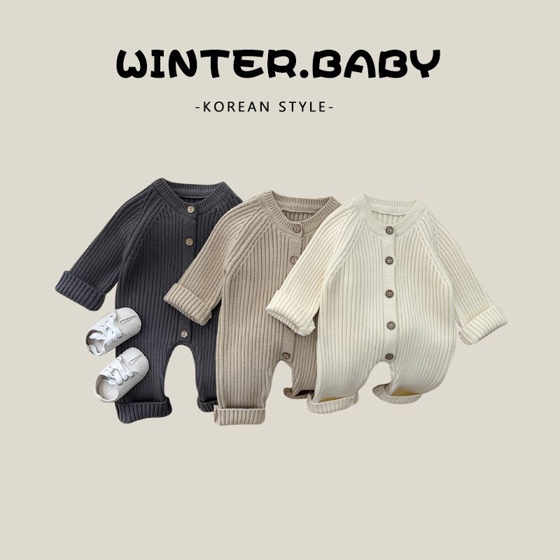 ToyPulse Korean Style Romper Autumn Outfit Unisex Baby Solid Color Knitted Crawling Suit Newborn Winter Sweater Jumpsuit_voghion.com