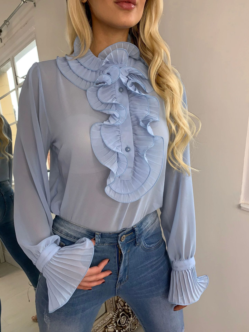 Abbigliamento donna camicia a maniche lunghe con volant a tromba pullover top da donna_voghion.com