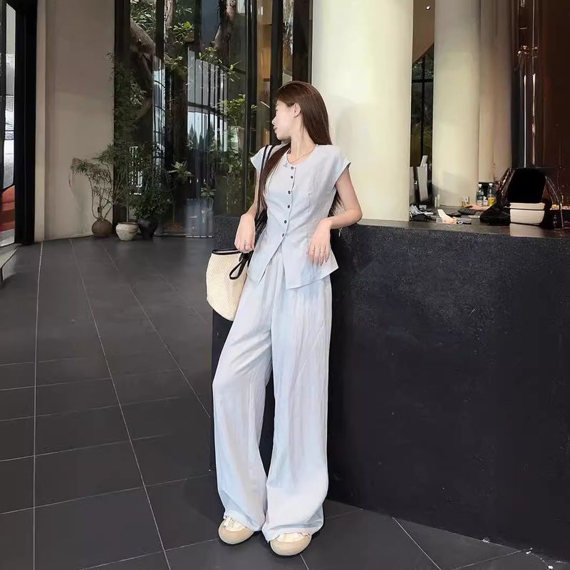 Summer Elegant Simple Tie Waist Slimming Flutter Sleeve Blouse Wide Leg Floor-Length Pants Set 66249_voghion.com