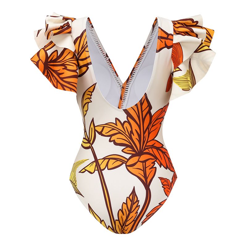 Roupa de banho feminina nova camada de ar babados maple leaf print praia férias maiô de uma peça terno_voghion.com