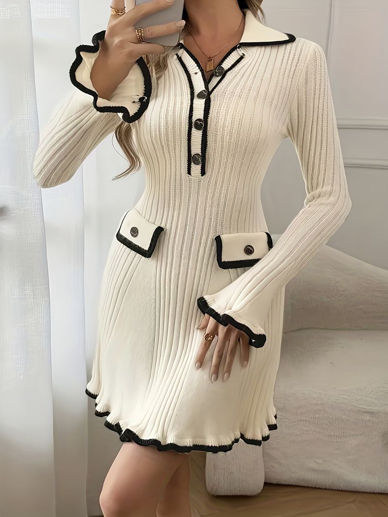 Elegante abito in maglia con colletto a punta e orlo a balza – Tunica a maniche lunghe slim fit per donna_voghion.com