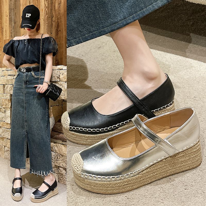 Mary Jane For Women Spring New Fashion Versatile Wedge Single Elegant One-Strap Shallow Mouth Small Leather Shoes_voghion.com
