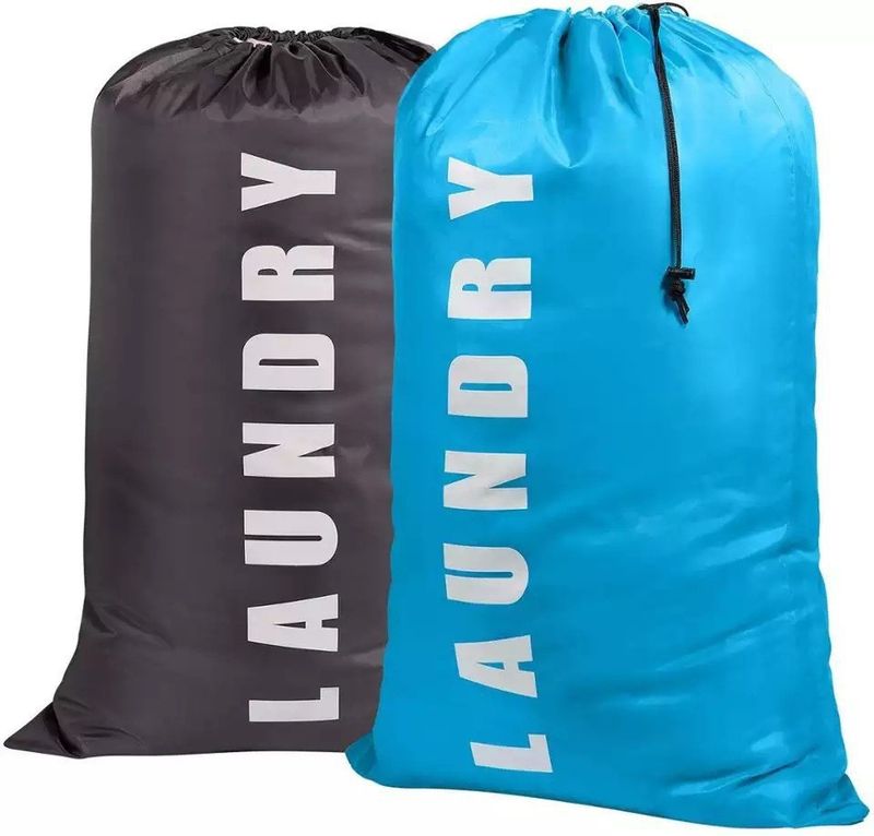 Large Drawstring Laundry Bag – Durable Polyester Travel & Dorm Storage For Dirty Clothes (Grey/Blue, 1-Pack)_voghion.com