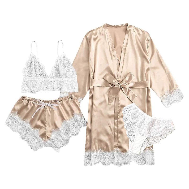 Women's Silk-Like Sleepwear Set – 4-Piece Loungewear Robe & Camisole (S-XXL) – Elegant Home & Outdoor Wear_voghion.com