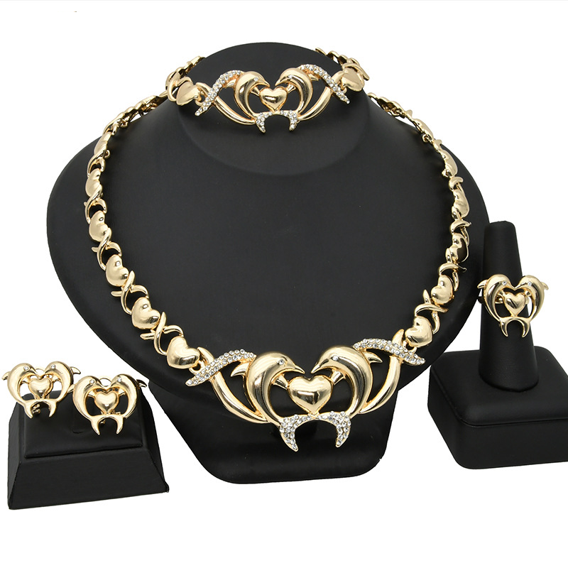 Guld hjärta smycken set brud smycken halsband ring örhängen armband grossist_voghion.com