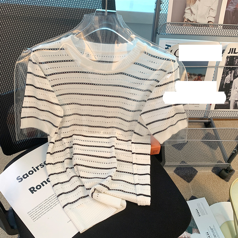 T-shirt da donna comoda in seta ghiaccio con scollo tondo a righe cave, maglione estivo a maniche corte in maglia slim allentata da donna_voghion.com