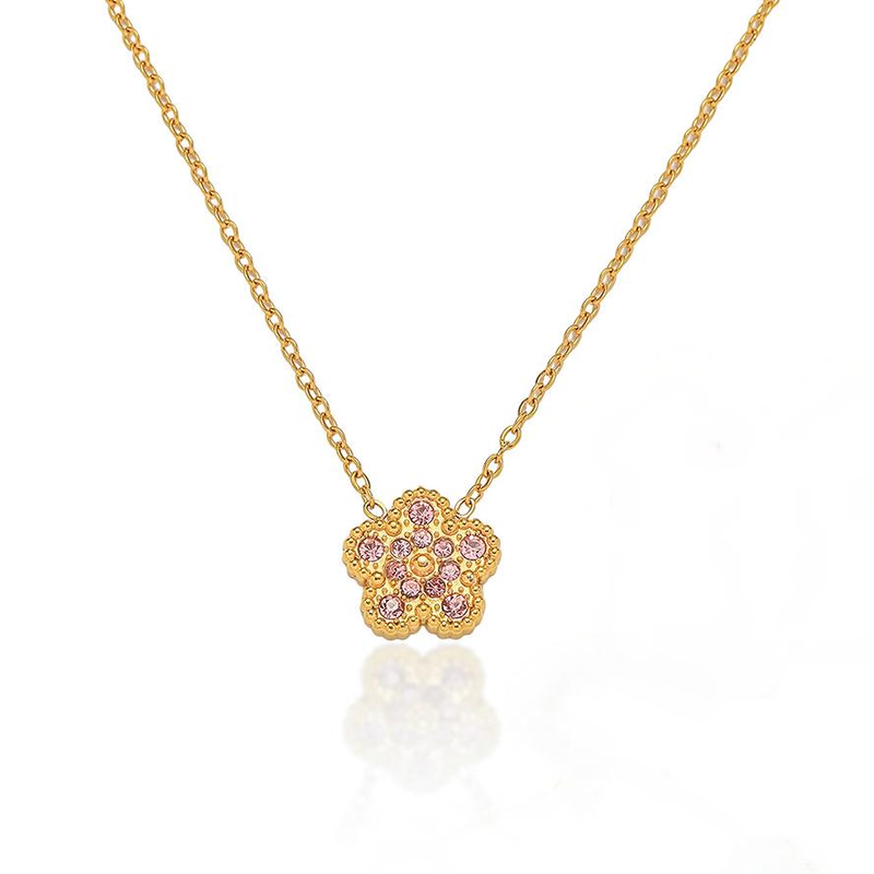 Collana per donna, fiore di zircone a forma di quadrifoglio a cinque foglie di celebrità di internet, nuovo design di nicchia transfrontaliero, set di temperamento, collana in acciaio inossidabile_voghion.com