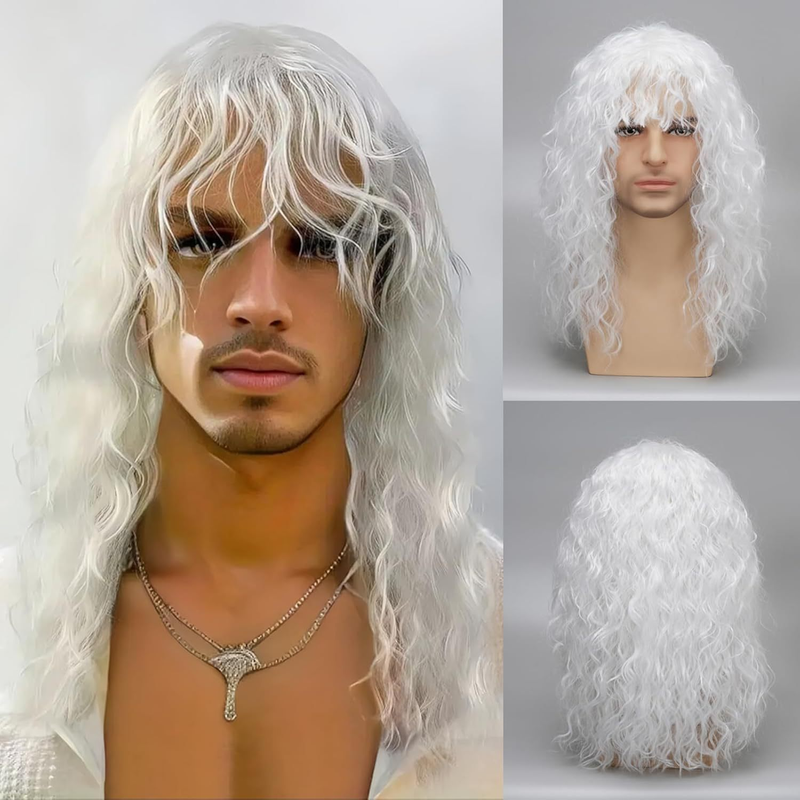 Synthetisches Haar Neue Perücken 80er Jahre Weißes langes lockiges Haar Vokuhila-Kopf Herren Heavy Metal Rock Synthetische Faser Kopfbedeckung_voghion.com