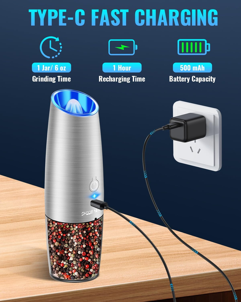 Electric Pepper/Salt Grinder Set, Manual Free, One-Hand Automatic Grinding Pepper/Salt, Battery/Rechargeable, With G-switch And LED Light_voghion.com