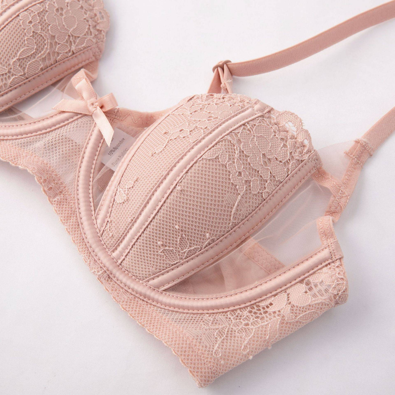 French Style Lingerie Women's Sexy Transparent Hollow Lace Bra Thin Cotton Rabbit Ears Soft Steel Ring Gathered Bra Set_voghion.com