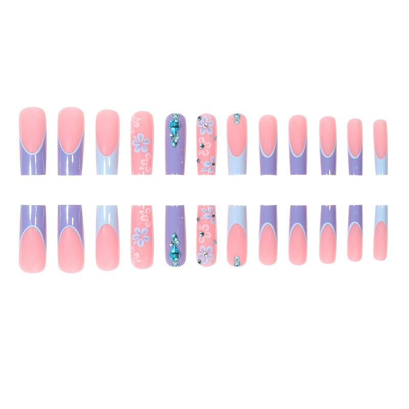 Faux ongles longs à coller, style français, avec cristaux, pour femme, réutilisables (lot de 12 pièces)_voghion.com