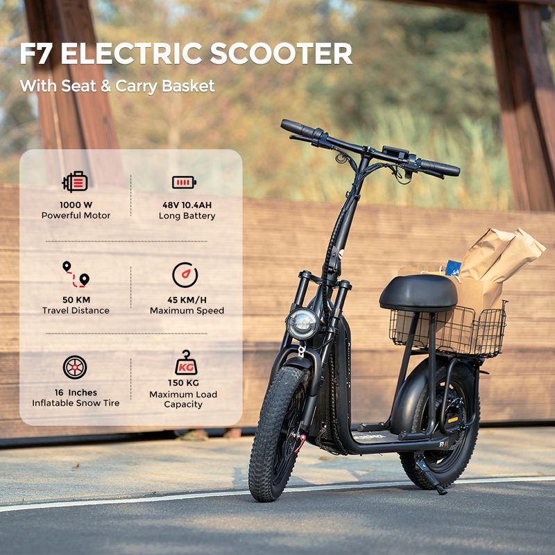 iScooter F7 48V 1000W E-Scooter 45 km/h 50 km Reichweite App-Steuerung 16" All-Terrain-Reifen Faltbarer Heckkorb Perfekter Einkaufshelfer_voghion.com