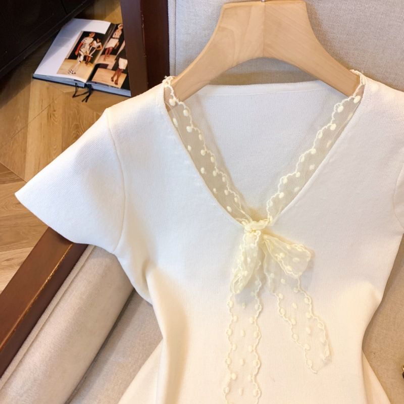 Maglietta a maniche corte in maglia con scollo a V, da donna, Real Shot_voghion.com