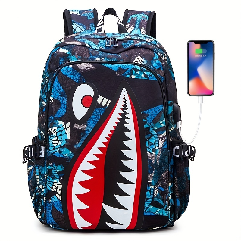 Mochila con patrón de tiburón, bolso escolar de nailon de moda para estudiantes, mochila de viaje ligera con puerto de carga USB_voghion.com