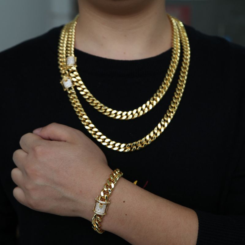Hip Hop Rap Gold Plated Bracelet Encryption Chain Cuban Men's Necklace_voghion.com