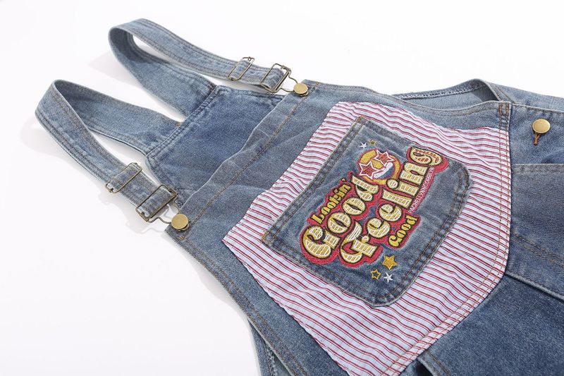 Abbigliamento da uomo Bretelle in denim con tasca cargo a righe patchwork con ricamo vintage per uomo e donna_voghion.com