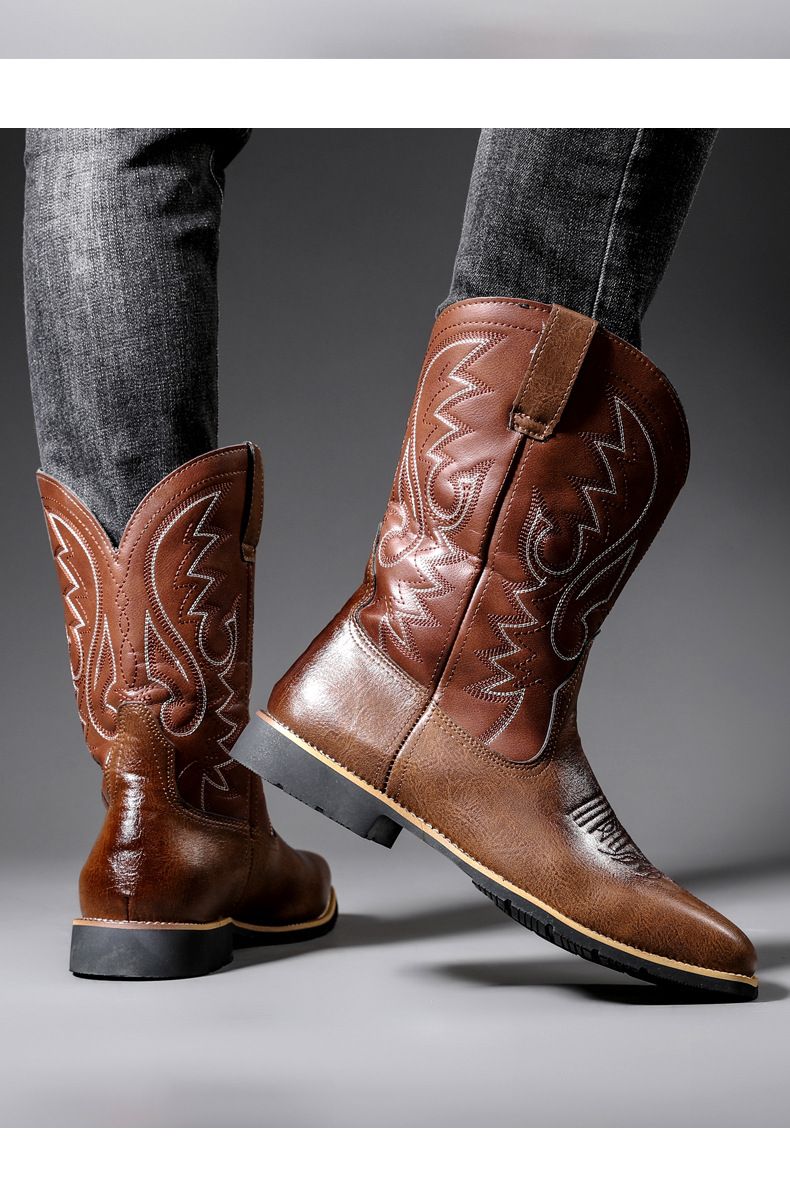 Amekaji Herren-Reitstiefel mit hoher Röhre, bestickt, Western-Cowboy, trendig, für Motorradfahrer, quadratische Zehenpartie_voghion.com