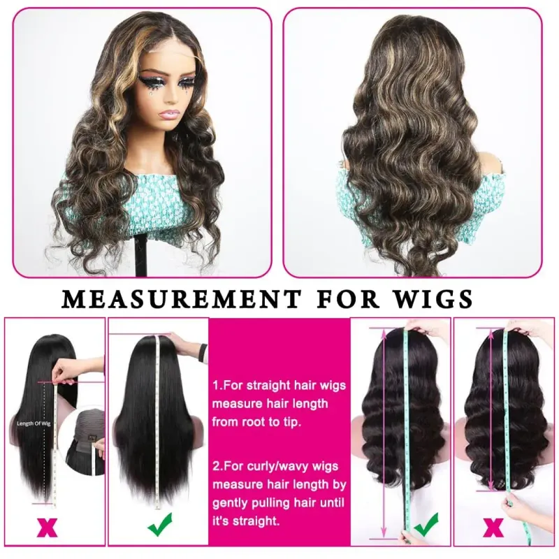Parrucche con chiusura in pizzo frontale con capelli umani e meches bionde, onda del corpo colorata_voghion.com