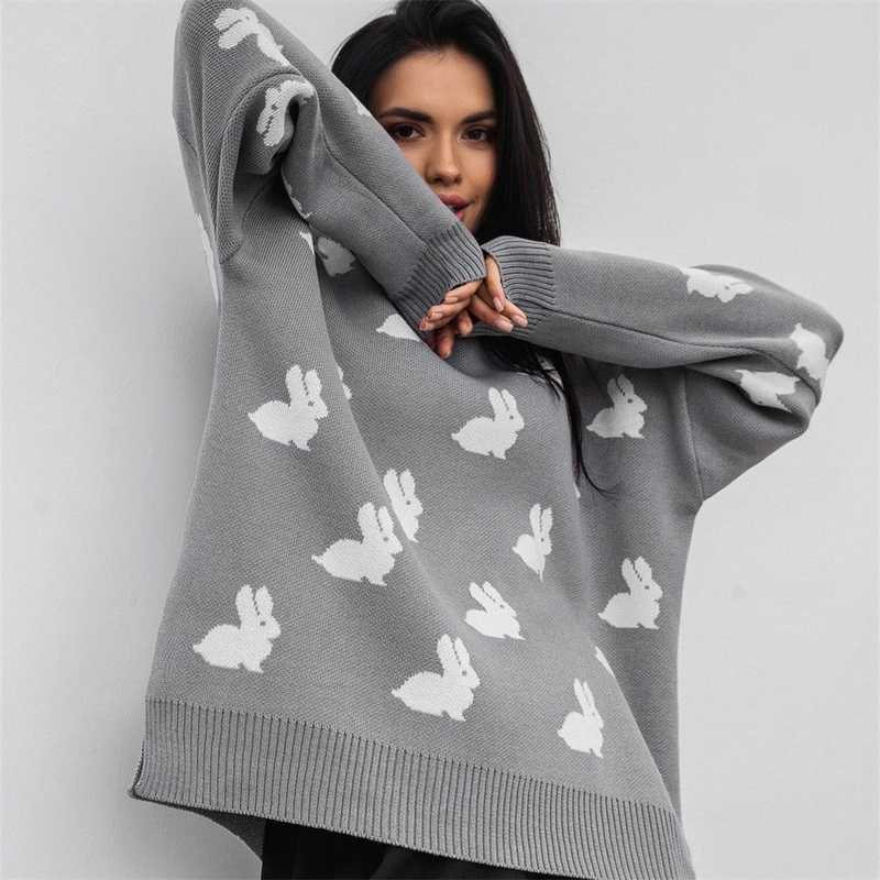 Suéter de cuello redondo con jacquard y cabeza de perro para mujer, nuevo estilo de otoño e invierno, estilo perezoso, suéter holgado, chaqueta_voghion.com