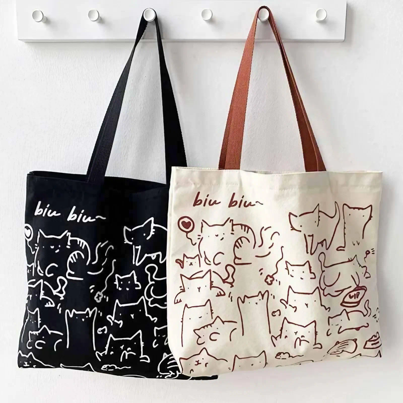 Moda Karikatür Sevimli Kediler Tuval Çantalar - Kadınlar ve Erkekler için El Çantası, Fermuarlı Katlanabilir Tekrar Kullanılabilir Alışveriş Plaj Çantası_voghion.com