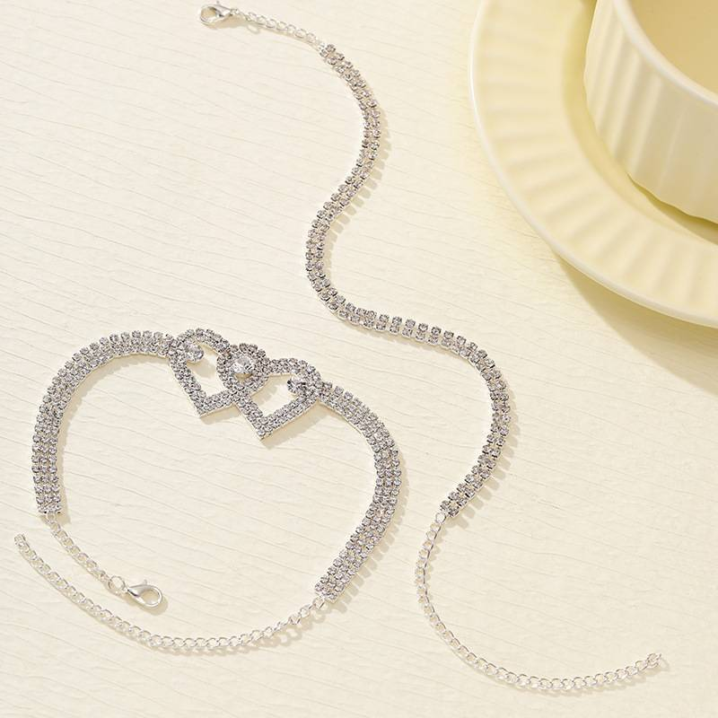 Trendy, einzigartig, retro, modisch, kreativ, Doppelherz-Fußkette mit Diamanten, glänzende Strandmode, zwei Sets_voghion.com