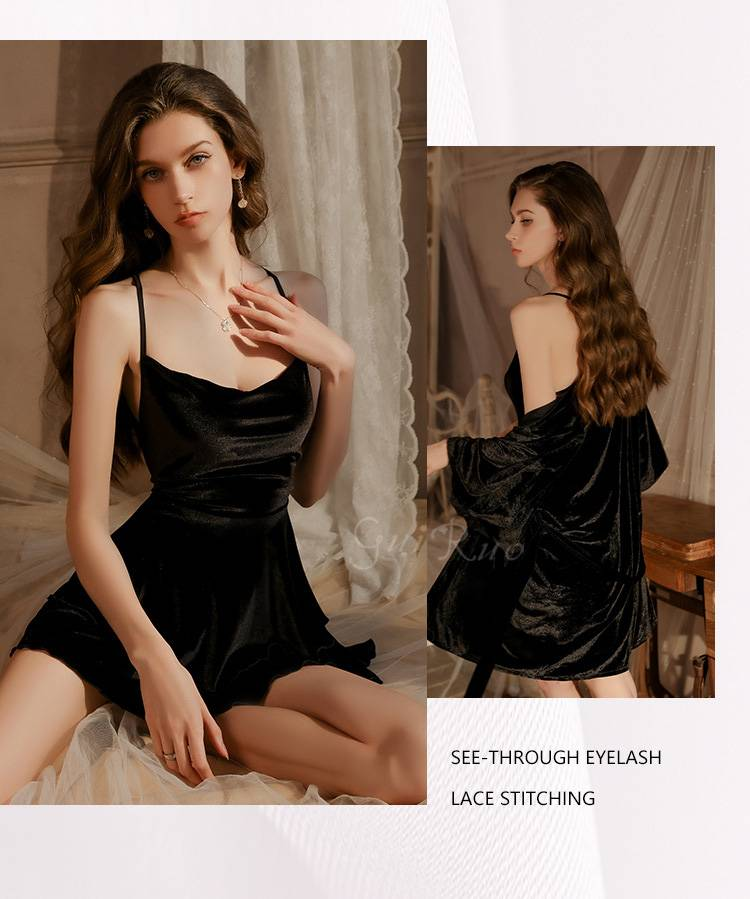 Home - wear long - sleeved nightgown, thin and sexy, with lace - up for ladies, simple cardigan pajamas, ice - silk bathrobe._voghion.com