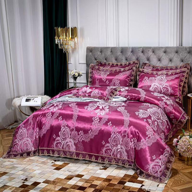 Biancheria da letto di alta qualità, leggera, di lusso, europea, jacquard, set da quattro pezzi, copripiumino in pizzo, quattro stagioni, universale, seta liscia_voghion.com