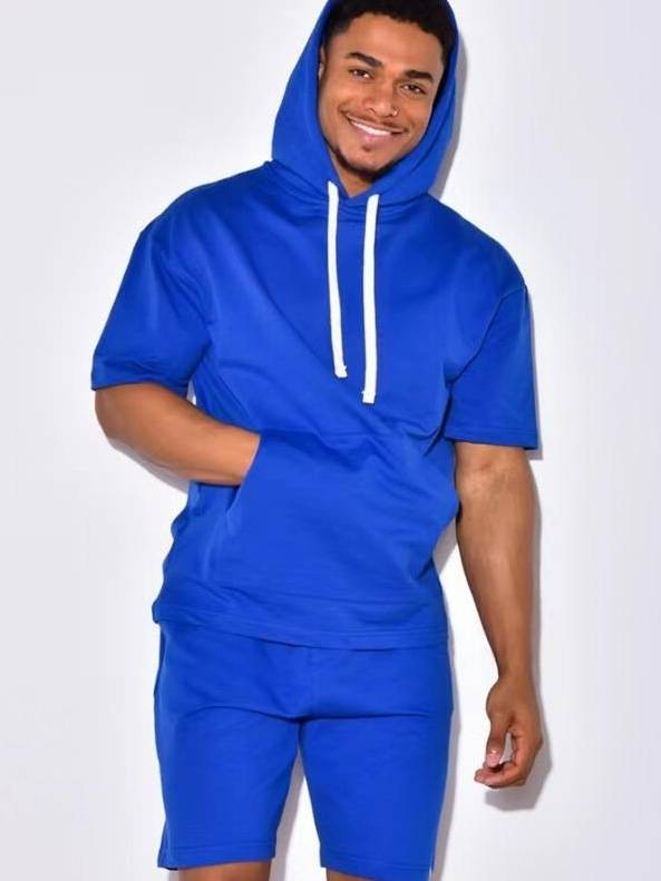 Nuovo prodotto 2025, abbigliamento sportivo casual da uomo europeo e americano, a maniche corte e pantaloncini, con cappuccio, tinta unita, due pezzi_voghion.com