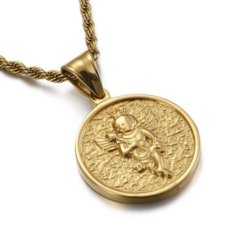Collana unisex in acciaio al titanio con ciondolo ad anello con piccolo angelo, in acciaio inossidabile 316L, da uomo e da donna_voghion.com