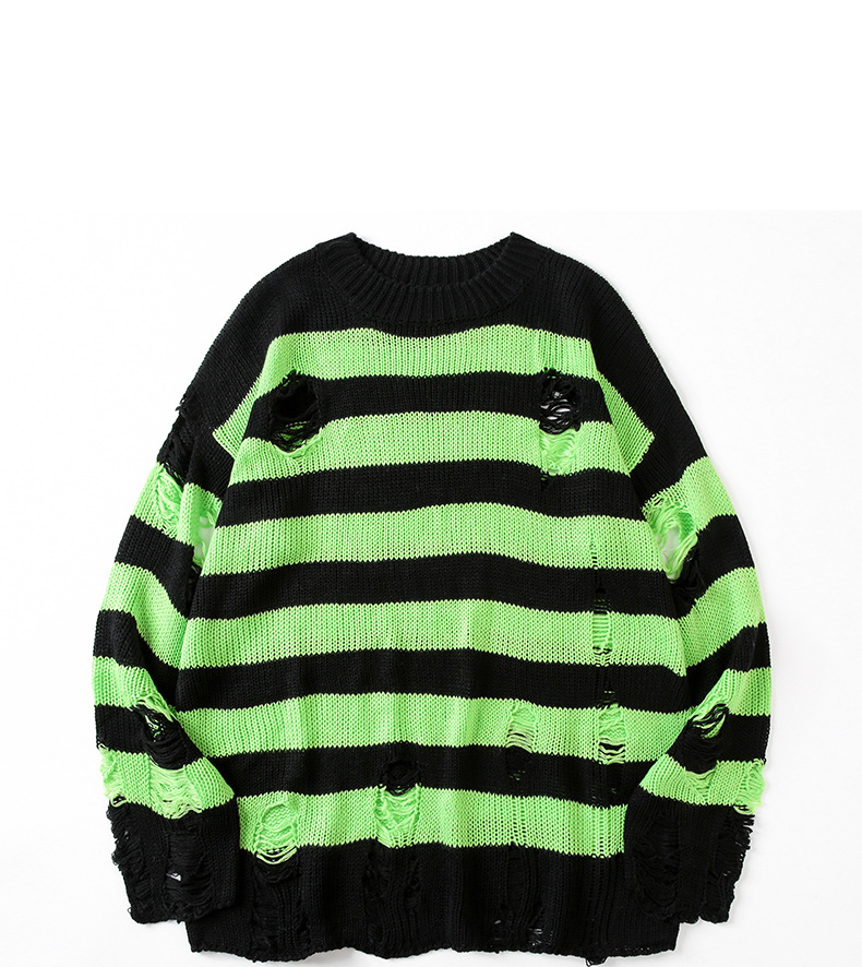 Oversized Distressed Knit Sweater For Men Crewneck Pullover With Striped Color Blocking (Black/Red, Black/White,Black/Yellow, Black/Green, Red/White)_voghion.com