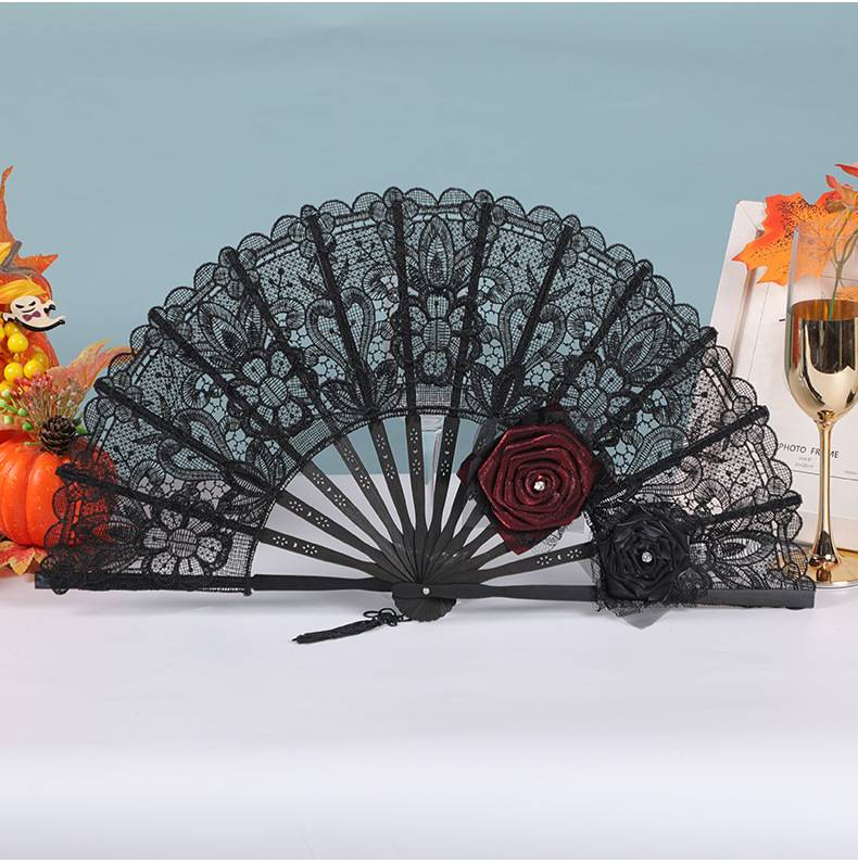 Halloween Black Lace Fan, Halloween Party Red Rose Decorative Fan, Festival Banquet Performance Retro Prop Fan_voghion.com