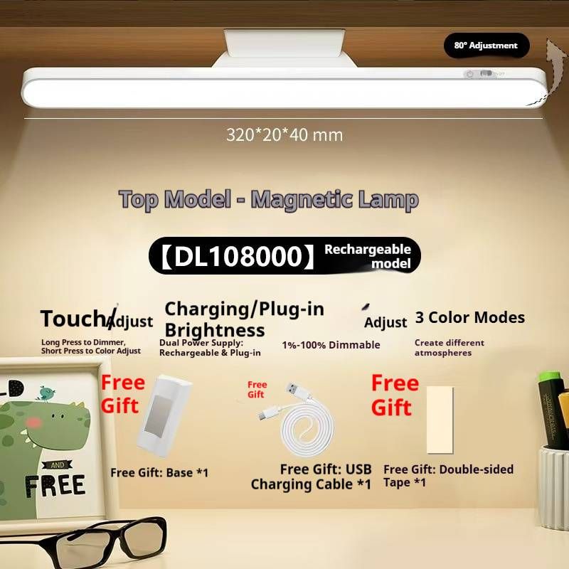 Intelligente LED-Schreibtischlampe mit Touch-Steuerung – Wiederaufladbares USB-Nachttischlicht, 3 Farbmodi, magnetische Wandhalterung für Wohnheim und Büro (Weiß)_voghion.com